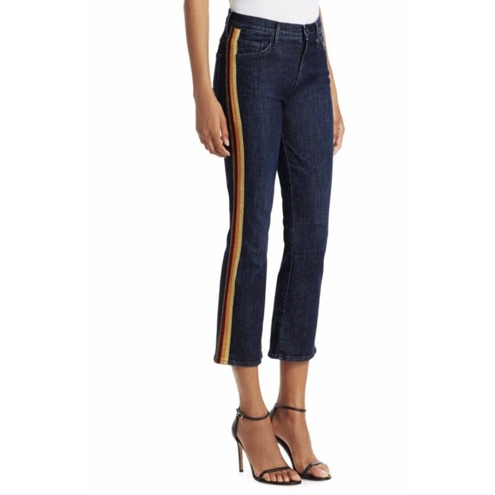 Mother "The Insider Crop" Dark Wash Blue Denim Jeans w/ Rainbow Stripes, Size 31